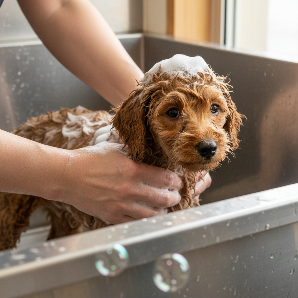 Pet sendo ensaboado no banho semanal Pet Bono